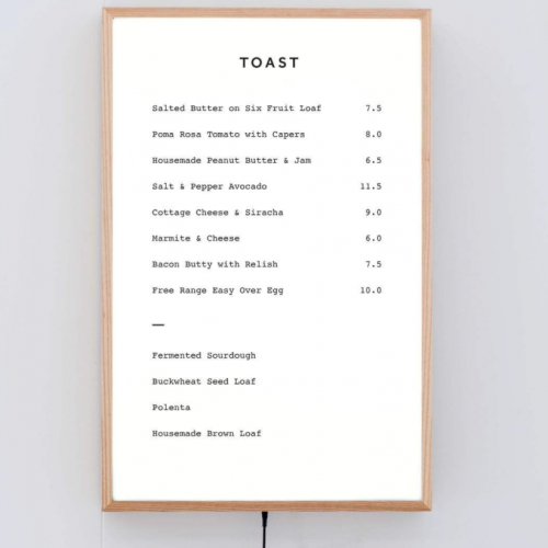 Small plug-in lightbox menu sign with wood frame for cafe. Sold by George and Willy.