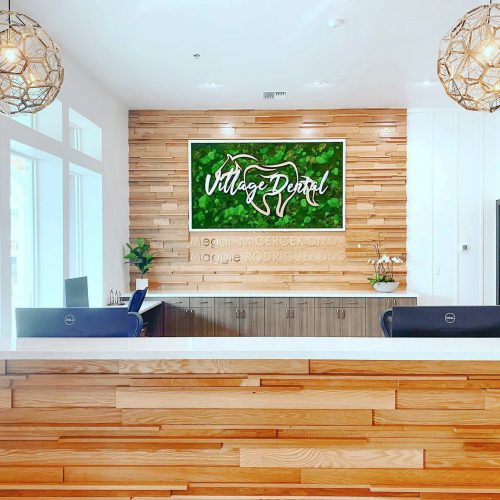 Framed moss art with white and gold logo inset on wood paneled wall for the lobby of Village Dental, a cosmetic and general dentistry office in Reno, NV.