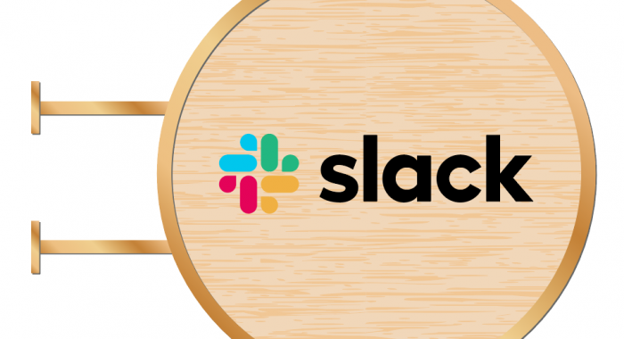 Mockup of wood blade sign with dimensional color logo and brass hardware for the San Francisco brand space at Slack, an American cloud-based set of team collaboration tools and services.