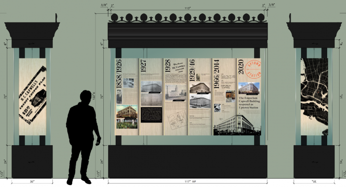 Wood/mixed media dimensional timeline display in the lobby of Uptown Station, an office and retail complex in a restored historic building located in downtown Oakland.