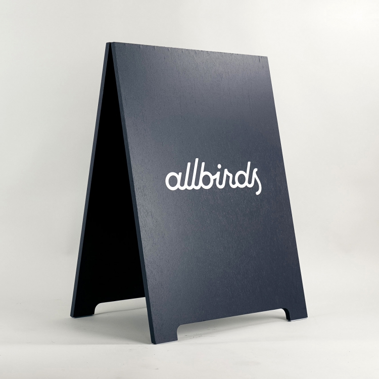 Minimalist black and white A-frame for Allbirds, a San Francisco-based direct-to-consumer startup aimed at designing environmentally friendly footwear.