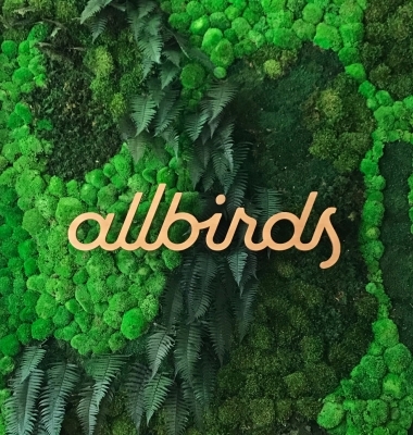 Light wood script sign on living moss wall for Allbirds, a San Francisco-based startup aimed at designing environmentally friendly footwear.