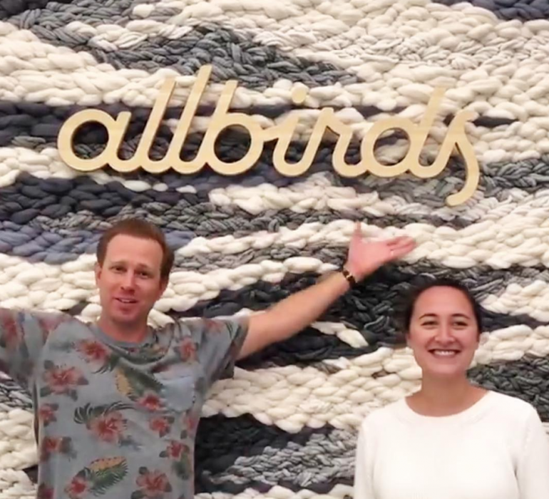 Light wood sign for Allbirds, a San Francisco-based direct-to-consumer startup aimed at designing environmentally friendly footwear.