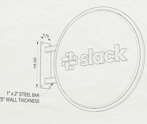 Drawing of wood blade sign with dimensional color logo and brass hardware for the San Francisco brand space at Slack, an American cloud-based set of team collaboration tools and services.