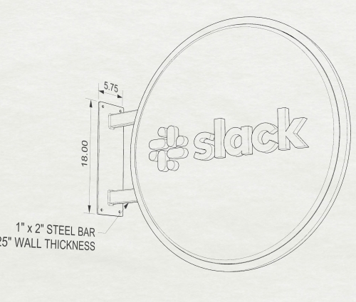 Drawing of wood blade sign with dimensional color logo and brass hardware for the San Francisco brand space at Slack, an American cloud-based set of team collaboration tools and services. Drawing of wood blade sign with dimensional color logo and brass hardware for the San Francisco brand space at Slack, an American cloud-based set of team collaboration tools and services.