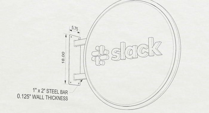 Drawing of wood blade sign with dimensional color logo and brass hardware for the San Francisco brand space at Slack, an American cloud-based set of team collaboration tools and services.