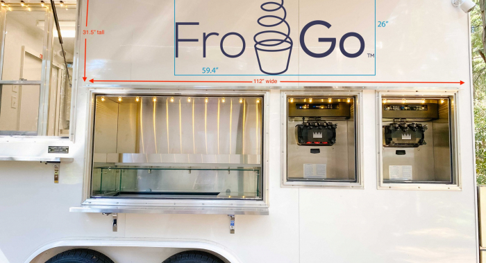 Illuminated, marquee-style sign on food truck for FroGo, a customizable, self-serve, dairy-free, frozen yogurt truck.