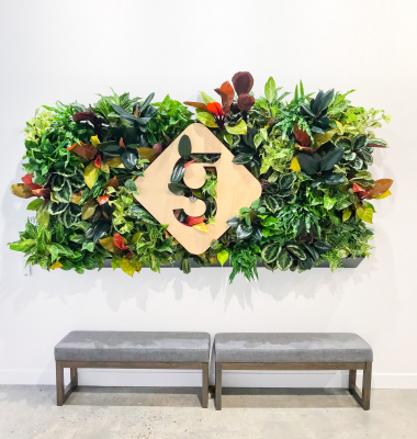Light wood sign with colored edges on living wall for the lobby of Getaround, an online car sharing or peer-to-peer carsharing service.