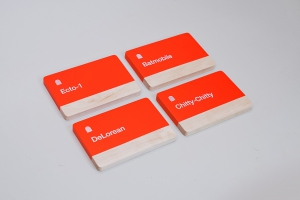 Color-matched red and light wood signs for glass meeting rooms at Ghost Locomotion, a company that creates self-driving technology for cars. Color-matched red and light wood signs for glass meeting rooms at Ghost Locomotion, a company that creates self-driving technology for cars.