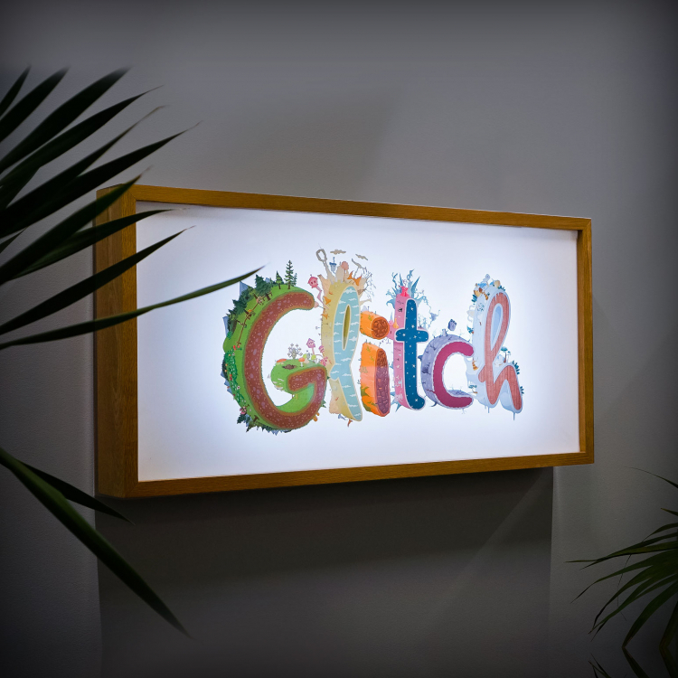 Backprinted full color lightbox sign with wood frame for Glitch, a browser-based, massively multiplayer online game—eventually becoming Slack.