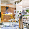 Full wall installation with dark wood and an illuminated, built-in logo for the San Francisco lobby of Indio, a company that simplifies the insurance application process for brokers and their clients.