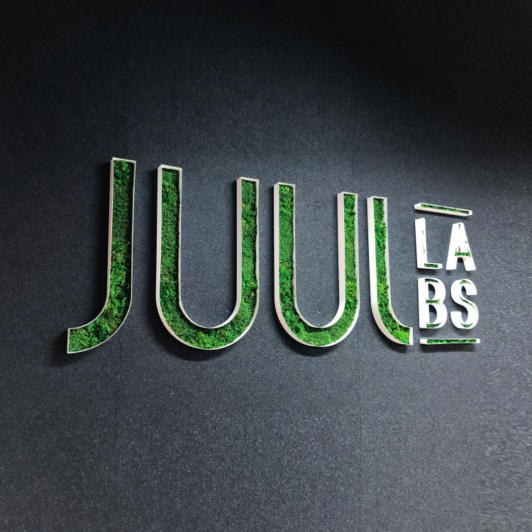 Moss filled lobby sign for the San Francisco office of Juul, an electronic cigarette company.