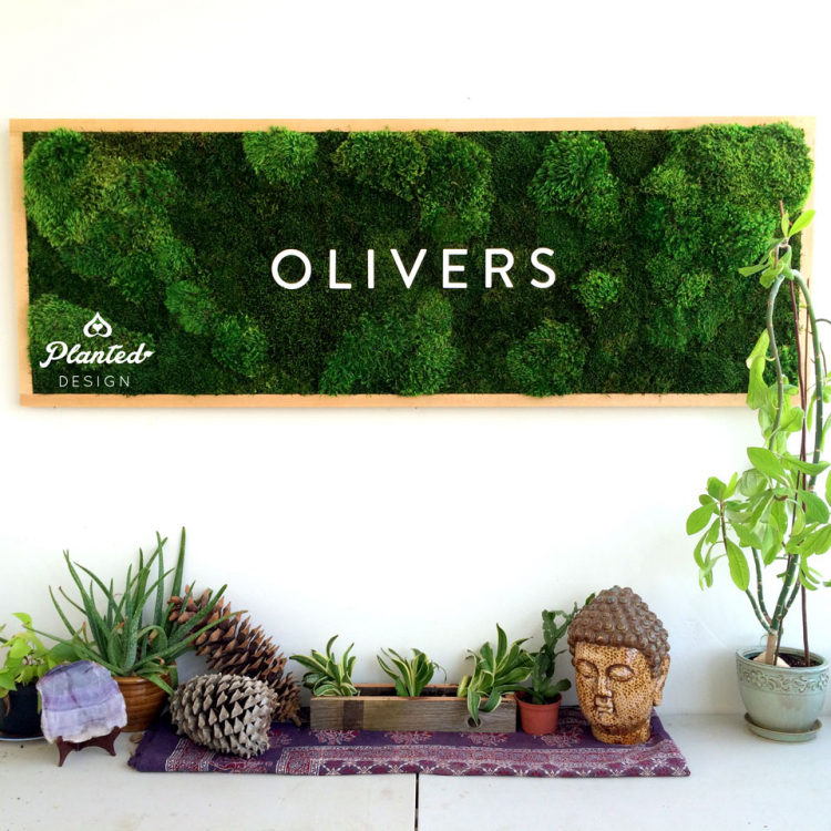 Framed rectangular moss sign with white text by Planted Design for Olivers
