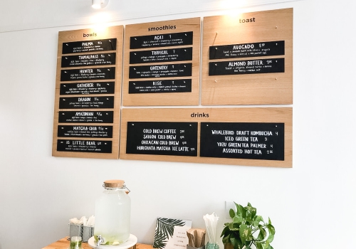 Changeable wood and chalkboard menu for Palm Acai Cafe Changeable wood and chalkboard menu for Palm Acai Cafe