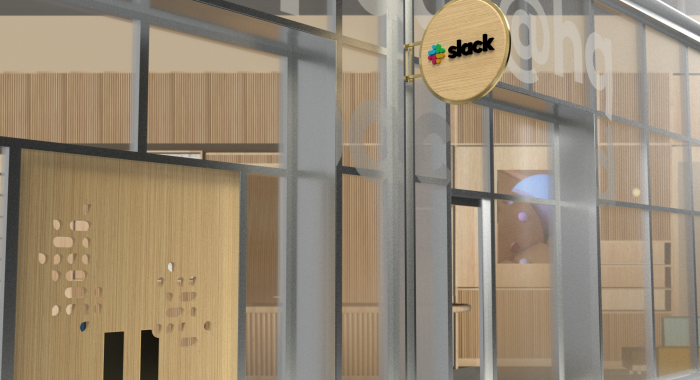 Mockup of wood blade sign with dimensional color logo and brass hardware for the San Francisco brand space at Slack, an American cloud-based set of team collaboration tools and services.