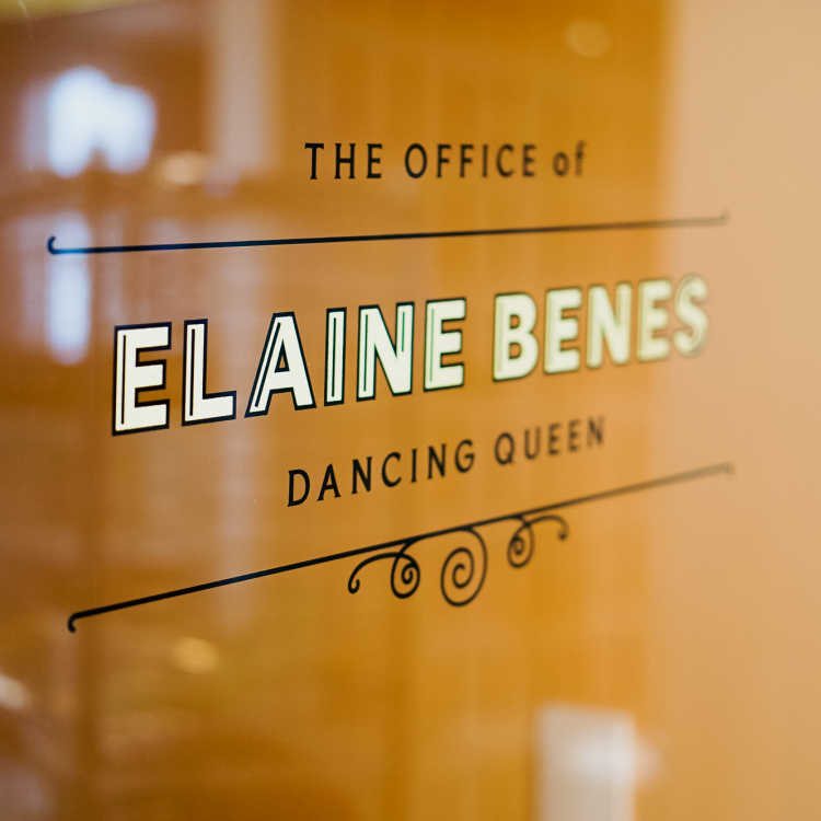 23k gold leaf signage honoring the names of iconic women, on glass doors at The Wing San Francisco, a co-working space for women.