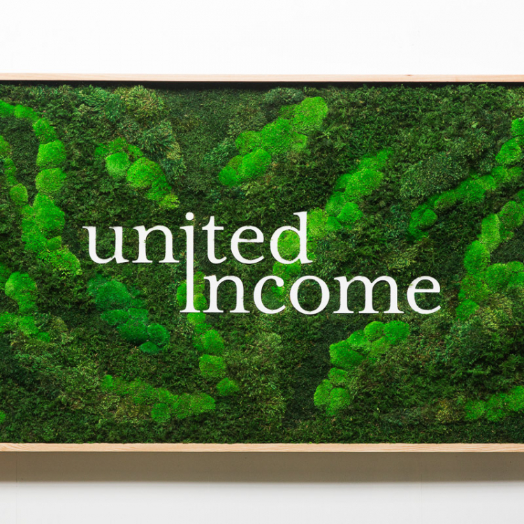 Framed moss sign with white logo for United Income