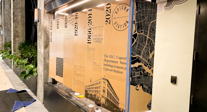 Wood/mixed media dimensional timeline display in the lobby of Uptown Station, an office and retail complex in a restored historic building located in downtown Oakland.