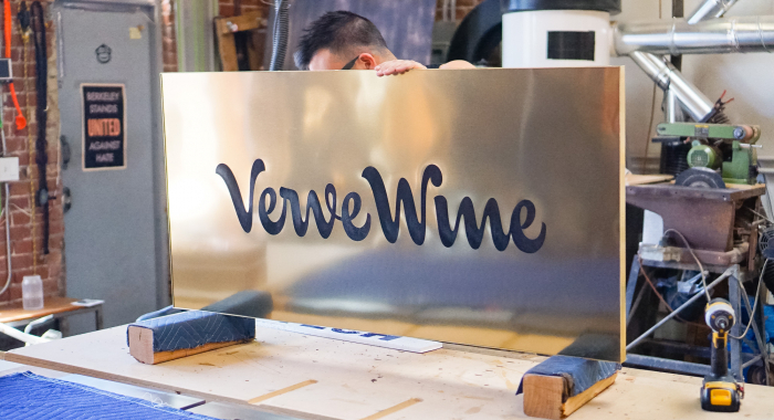 Verve Wine Copper Brass Bronze Modern Retail Hanging Blade Sign with script