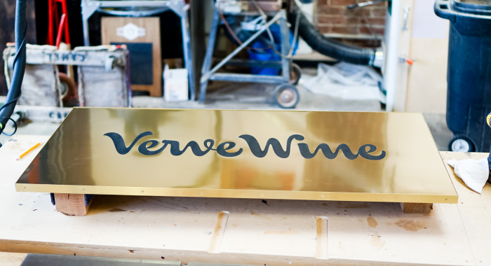 Verve Wine Copper Brass Bronze Modern Retail Hanging Blade Sign with script