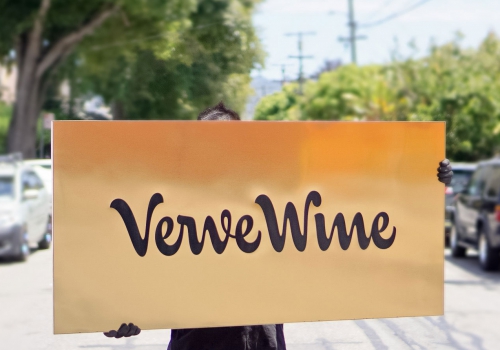 Verve Wine Copper Brass Bronze Modern Retail Hanging Blade Sign with script Verve Wine Copper Brass Bronze Modern Retail Hanging Blade Sign with script