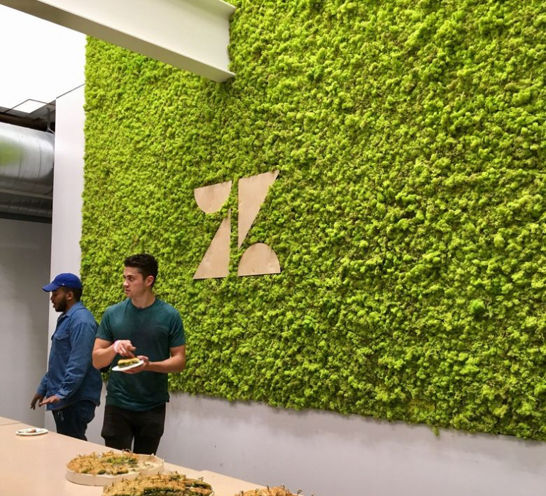 Living wall with wood logo at the Zendesk headquarters in San Francisco